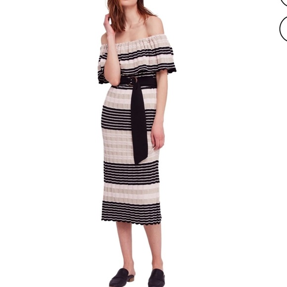 New Free People Womens Off Duty Off-Shoulder Dress, Pink black white stripe knit - Picture 2 of 10